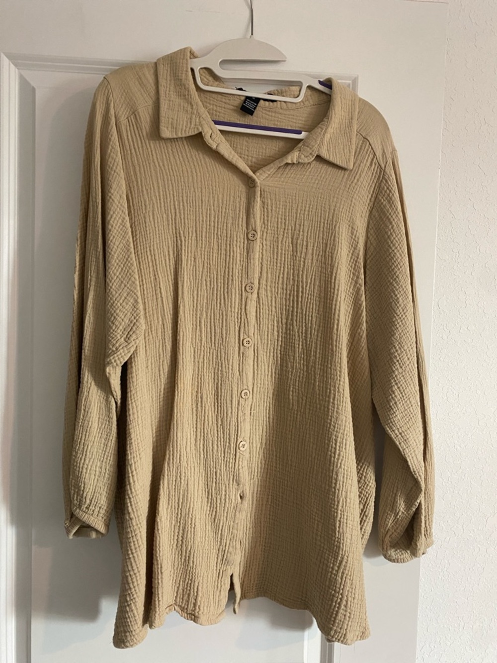 Lightweight Beige Swim Coverup Button-Front Shirt